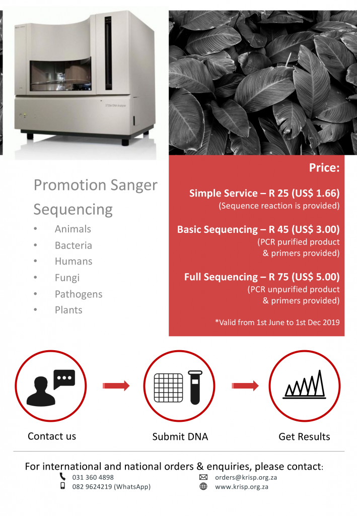 Promotion Sanger Sequencing at Genomics Africa and KRISP, 1 July to 31 December 2019